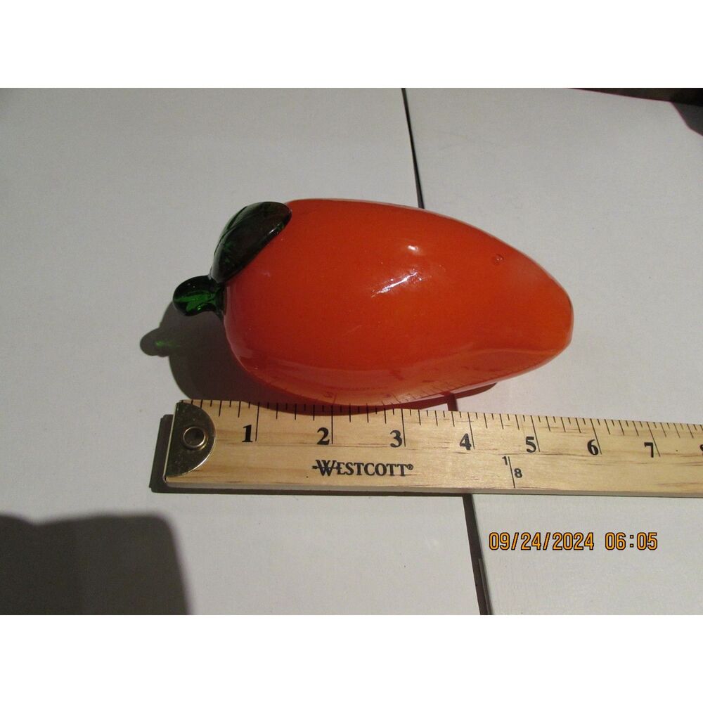 ART GLASS PEPPER ORANGE GREEN STEM FANCO GLASS VEGETABLE FRUIT